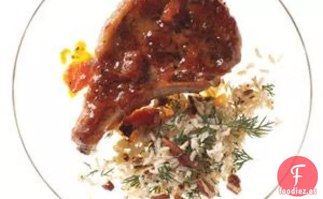 Chuletas De Cerdo glaseadas Con Albaricoque Con Arroz Integral-pecan Pilaf