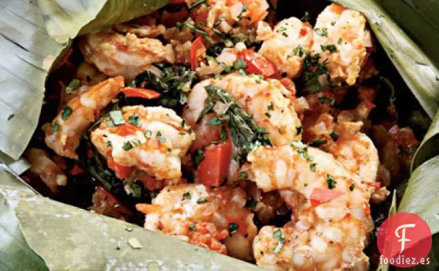 Camarones a la parrilla en Bolsa de hoja de Plátano