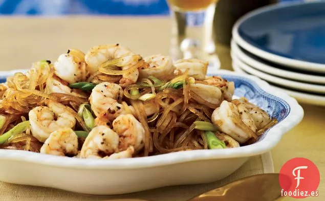 Camarones Sichuan Cocidos en Sartén con Fideos de Frijol Mungo