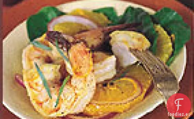 Camarones asados en Sartén con Naranja, Rúcula y Estragón