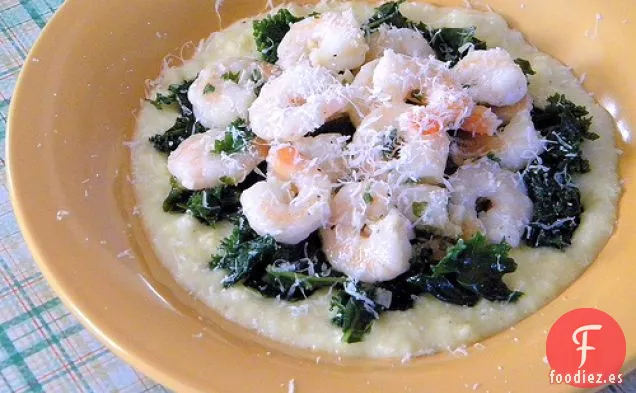 Gambas De Ajo Limón Con Col Rizada Y Polenta