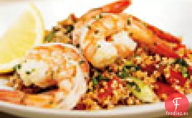 Camarones marinados a la Menta con Tabulé, Tomates y Queso Feta