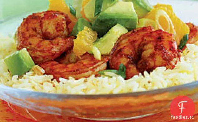 Camarones Al Pimentón Con Salsa De Naranja y Aguacate