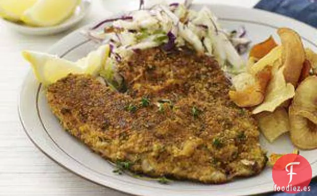 Filetes de pescado con costra de queso parmesano y galletas saladas