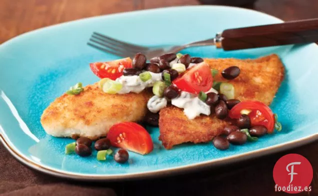 Tilapia Empanada con Salsa de Frijoles Negros