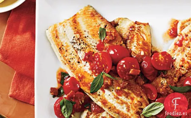 Trucha Frita con Tomate y Albahaca Salteada
