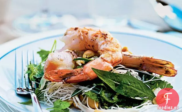 Ensalada de Gambas Tigre, Fideos y Hierbas