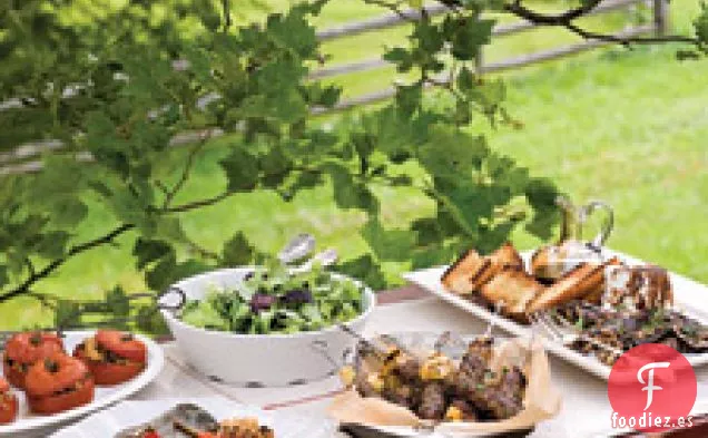 Brochetas De Carne A La Parrilla Con Cebolletas, Cilantro Y Menta