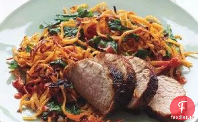 Cerdo glaseado Con Chile Con Hachís De Batata