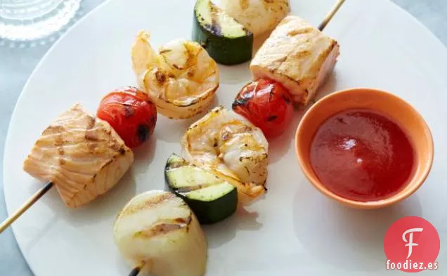 Brochetas de Mariscos Picantes con Salsa de barbacoa No Tan Secreta