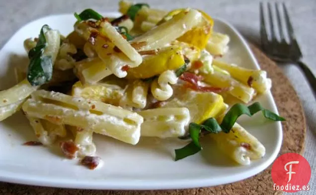 Pasta De Calabaza, Tocino Y Queso De Cabra Con Albahaca