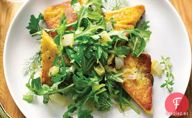 Pastel de Garbanzos con Hojas de Fava y Ensalada de Rúcula