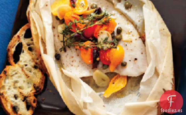 Lenguado en Papillote con Tomates y Aceitunas