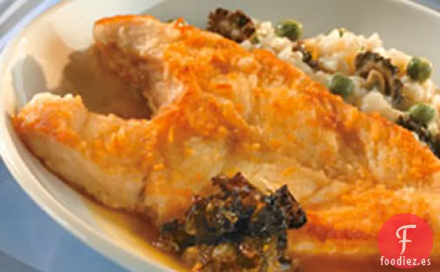 Fletán Asado en Sartén con Confitura de Morcilla, Risotto de Guisantes Dulces y Té de Morcilla