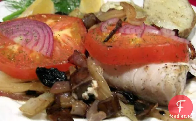 Bacalao Con Hinojo, Champiñones, Tomate y Eneldo