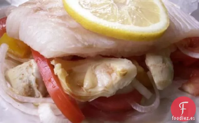 Fletán a la Parrilla Con Pimientos y Alcachofas