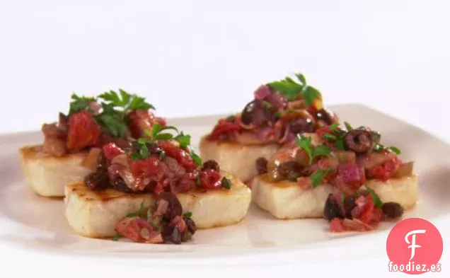 Fletán con Alcachofa y Caponata de Oliva