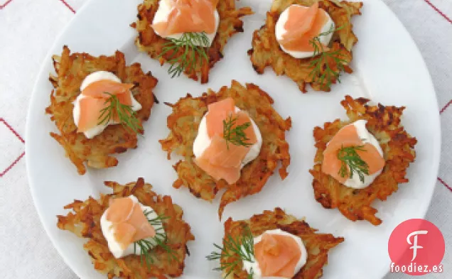 Mini Latkes Vegetales Con Salmón Ahumado y Tzatziki