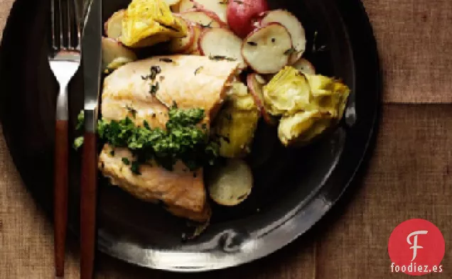 Salmón con Hachís de Patata y Alcachofa