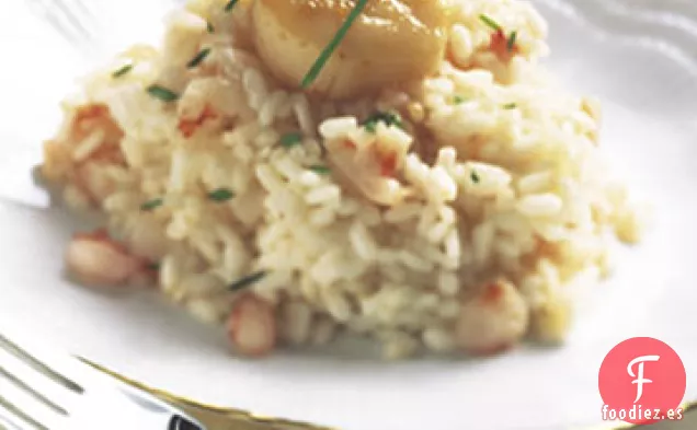 Vieiras Chamuscadas en Risotto de Camarones y Trufas