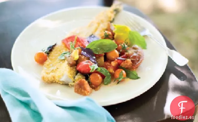 Trucha Frita con Harina de Maíz con Tomate, Acedera y Albahaca Panzanella
