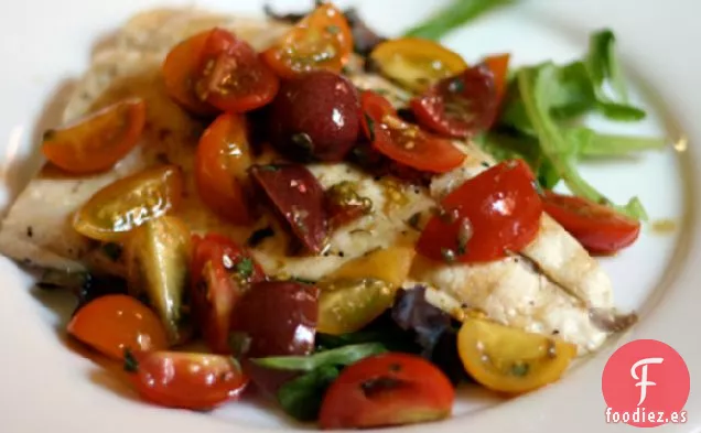 Cena de esta noche: Ensalada de Pescado Blanco a la Parrilla con Tomates y Vinagreta de Estragón
