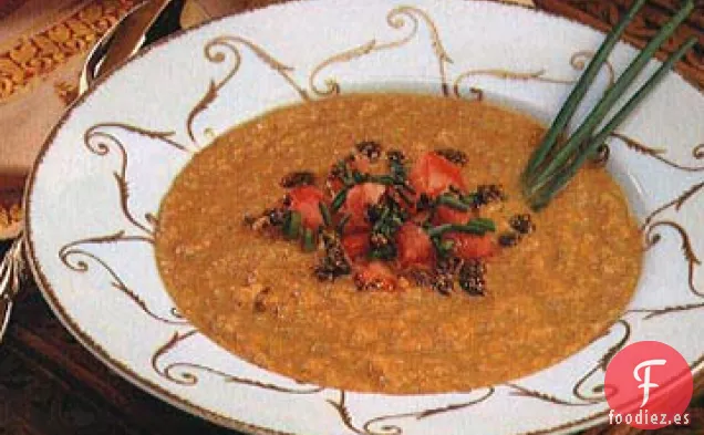 Sopa de Lentejas con Aceite de Mostaza y Salsa de Tomate y Cebollino