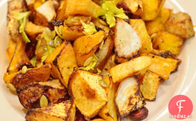 Verduras Asadas al Horno con Manzanas, Arándanos Secos y Semillas de Calabaza