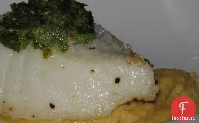Lubina Braseada En Sartén De Diva Doméstica Con Pesto De Estragón Y Pollo