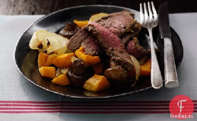 Bistec a la Pimienta con Calabaza y Champiñones